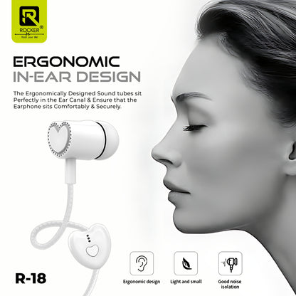 Rocker R-18 Wired Earphones for Girls with Mic – Heart Shape Design, Premium Bass, Comfortable Fit