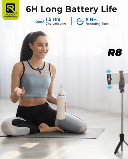 Rocker Creator Kit Combo – R8 Wireless Mic + R-S17 Selfie Stick Tripod | iPhone, Android, YouTube, Reels & Vlogging Setup