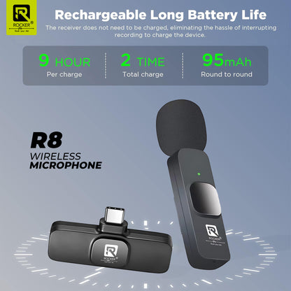 Rocker Creator Kit Combo – R8 Wireless Mic + R-S17 Selfie Stick Tripod | iPhone, Android, YouTube, Reels & Vlogging Setup