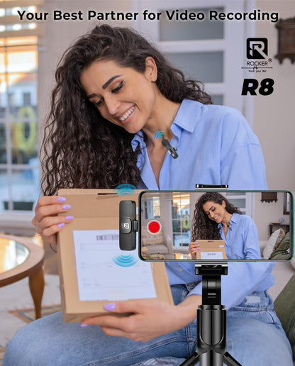 Rocker Creator Kit Combo – R8 Wireless Mic + R-S17 Selfie Stick Tripod | iPhone, Android, YouTube, Reels & Vlogging Setup