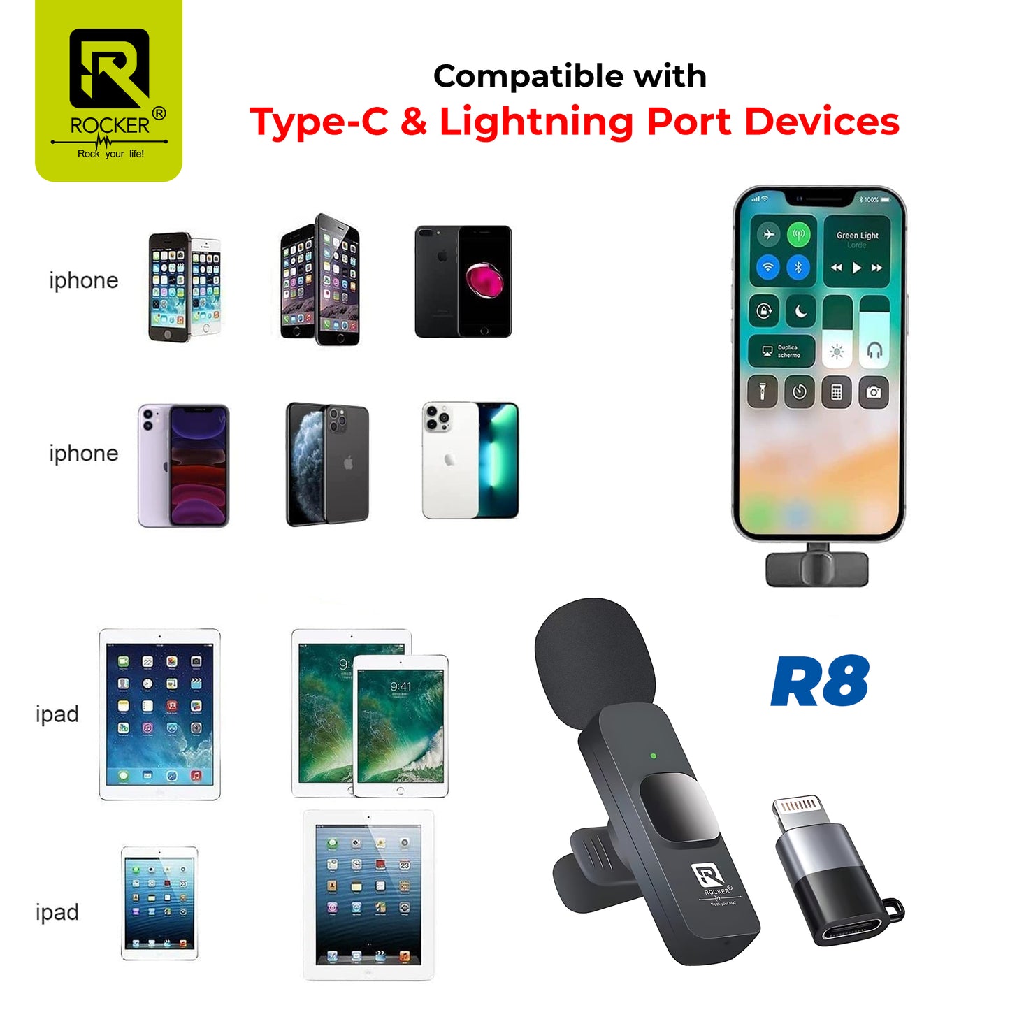 Rocker Creator Kit Combo – R8 Wireless Mic + R-S17 Selfie Stick Tripod | iPhone, Android, YouTube, Reels & Vlogging Setup
