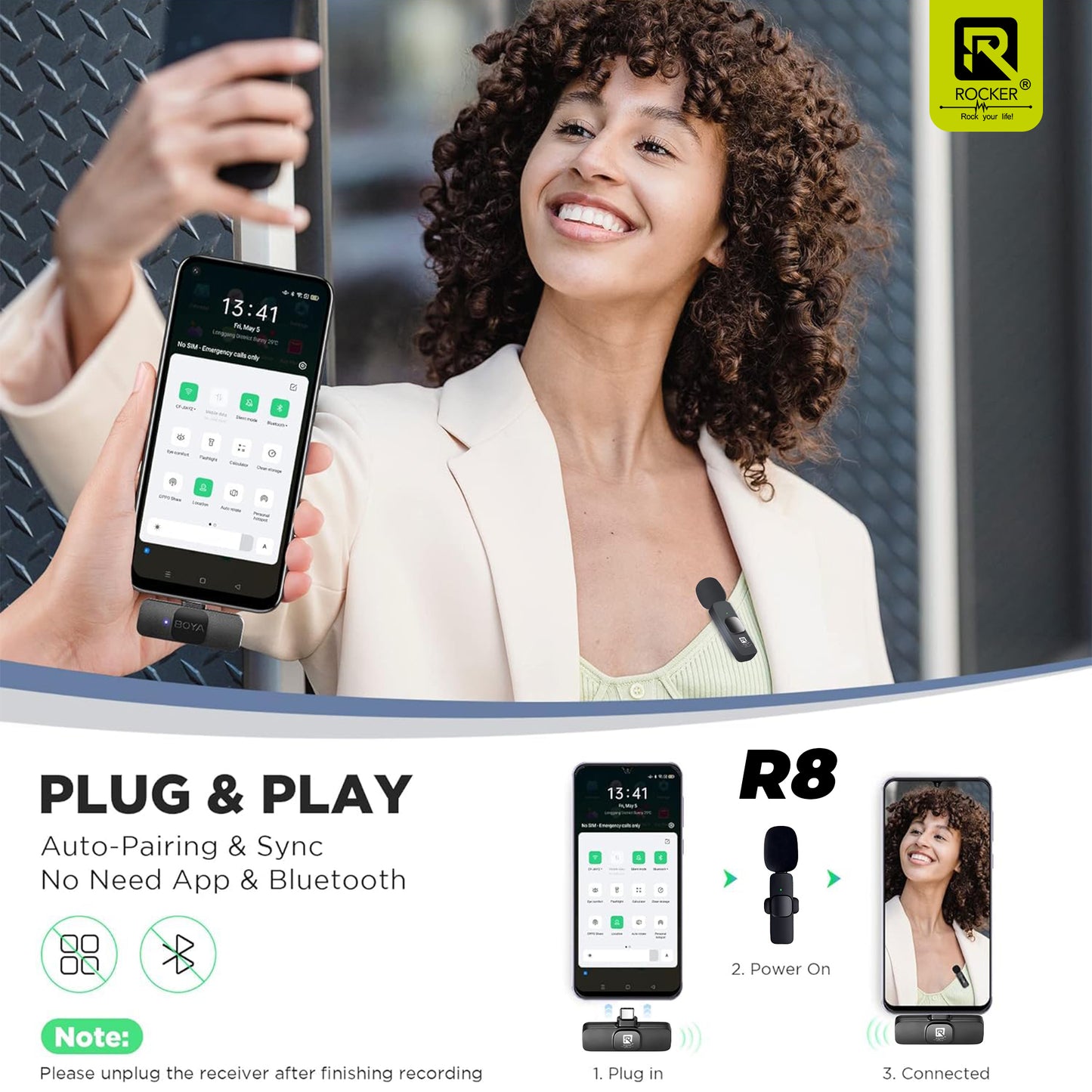 Rocker Creator Kit Combo – R8 Wireless Mic + R-S17 Selfie Stick Tripod | iPhone, Android, YouTube, Reels & Vlogging Setup