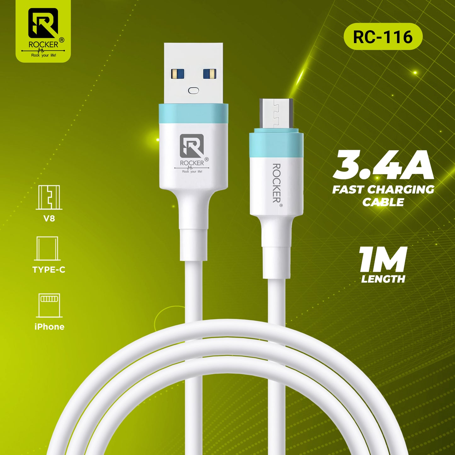 Rocker RC-116 iPhone Lightning/TYP-C Data Cable | 1M Superfast Charging Cable | 480 Mbps High-Speed Data Transmission | Durable &amp; Tangle-Free Design