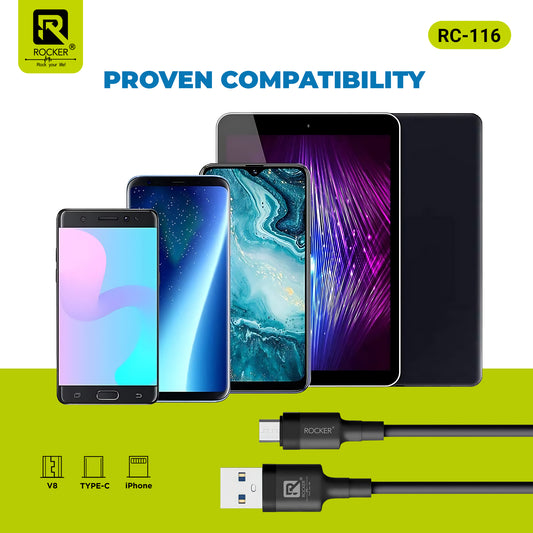 Rocker RC-116 iPhone Lightning/TYP-C Data Cable | 1M Superfast Charging Cable | 480 Mbps High-Speed Data Transmission | Durable &amp; Tangle-Free Design