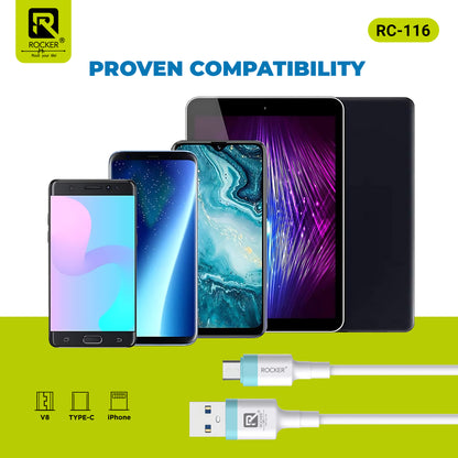 Rocker RC-116 iPhone Lightning/TYP-C Data Cable | 1M Superfast Charging Cable | 480 Mbps High-Speed Data Transmission | Durable &amp; Tangle-Free Design