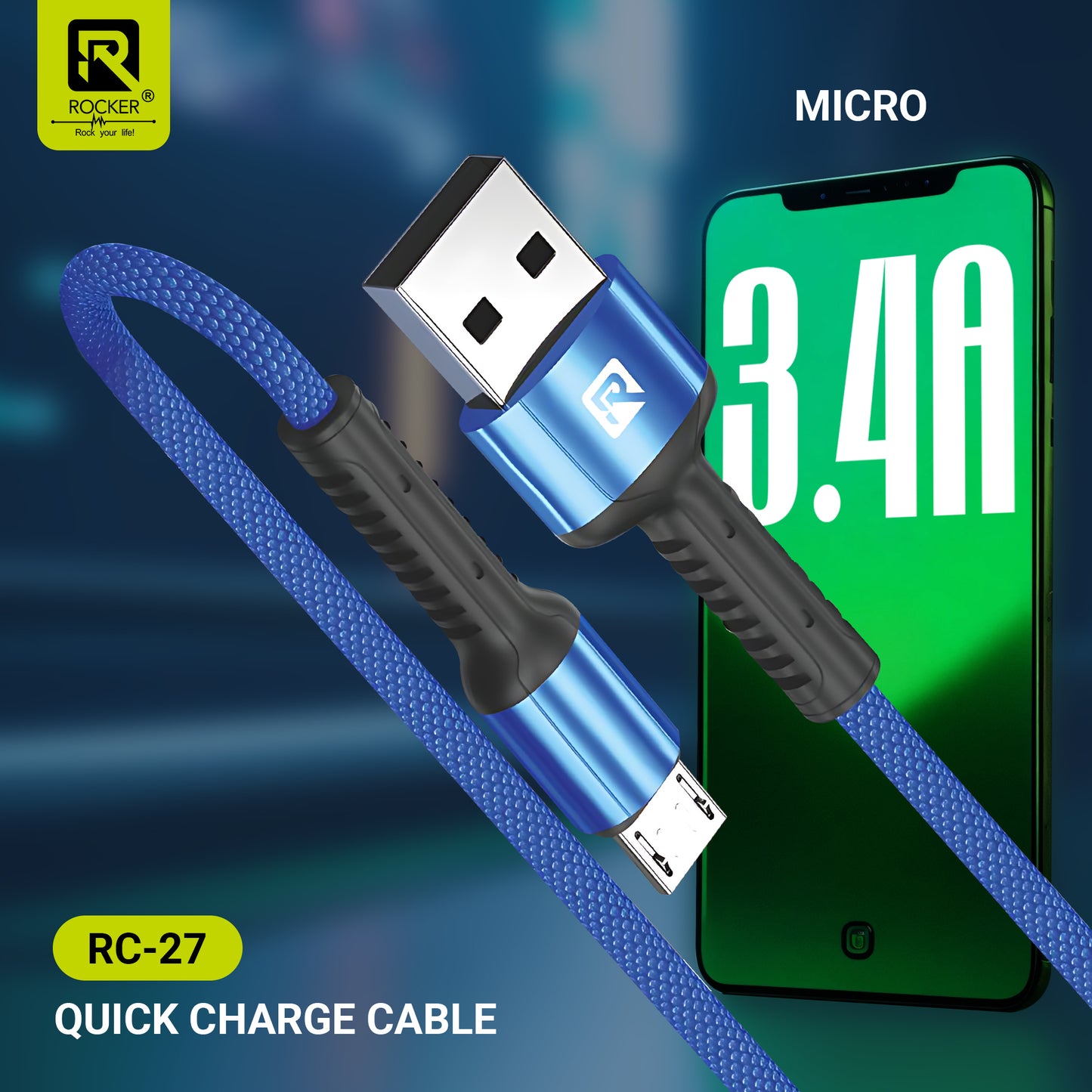 Rocker RC-27 Fast Charging Data Cable – 67W Type-C | 3.4A Micro USB | 27W Lightning – 1m Durable Cable for Smartphones, Tablets & More