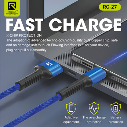 Rocker RC-27 Fast Charging Data Cable – 67W Type-C | 3.4A Micro USB | 27W Lightning – 1m Durable Cable for Smartphones, Tablets & More