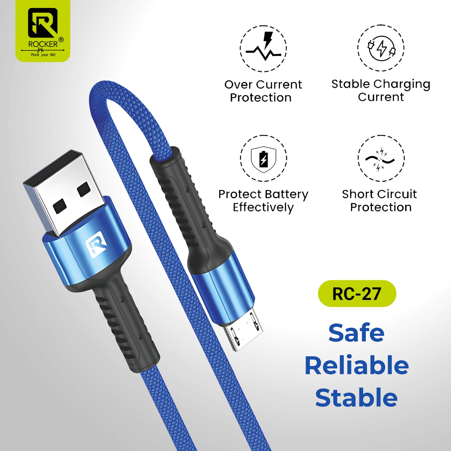 Rocker RC-27 Fast Charging Data Cable – 67W Type-C | 3.4A Micro USB | 27W Lightning – 1m Durable Cable for Smartphones, Tablets & More
