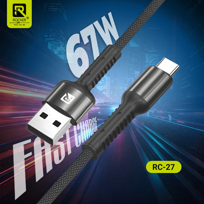 Rocker RC-27 Fast Charging Data Cable – 67W Type-C | 3.4A Micro USB | 27W Lightning – 1m Durable Cable for Smartphones, Tablets & More