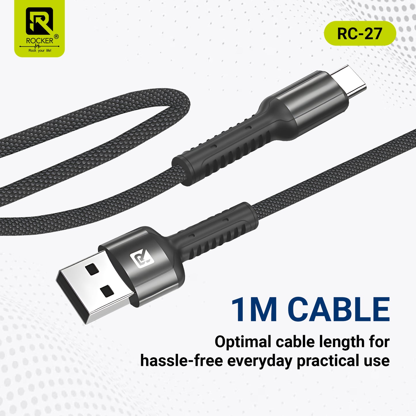Rocker RC-27 Fast Charging Data Cable – 67W Type-C | 3.4A Micro USB | 27W Lightning – 1m Durable Cable for Smartphones, Tablets & More