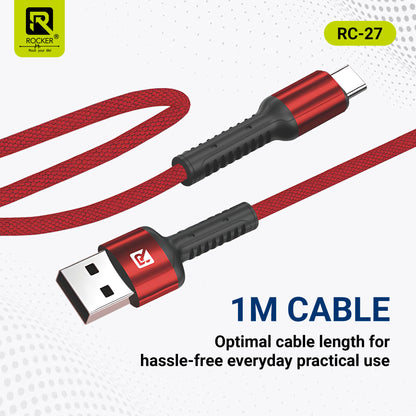 Rocker RC-27 Fast Charging Data Cable – 67W Type-C | 3.4A Micro USB | 27W Lightning – 1m Durable Cable for Smartphones, Tablets & More