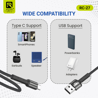 Rocker RC-27 Fast Charging Data Cable – 67W Type-C | 3.4A Micro USB | 27W Lightning – 1m Durable Cable for Smartphones, Tablets & More