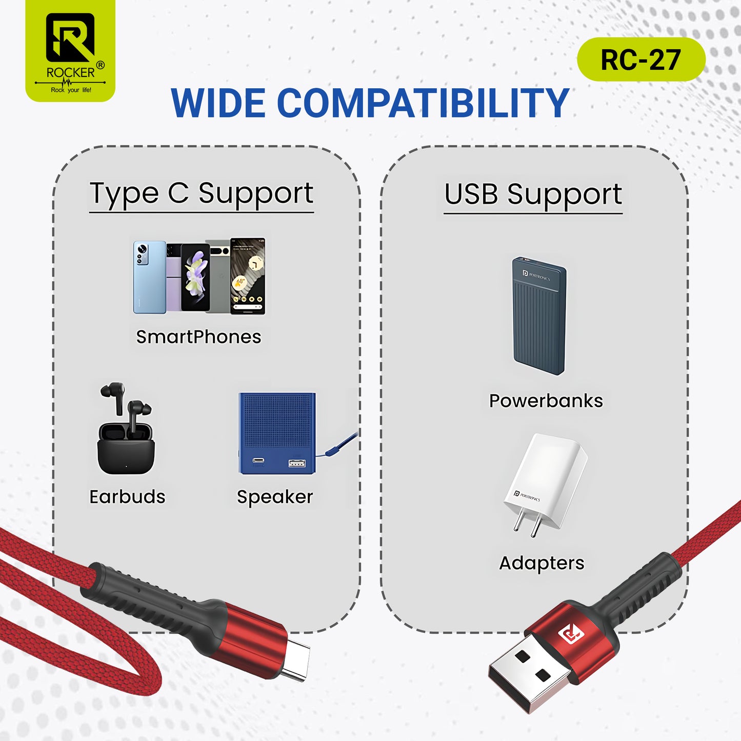 Rocker RC-27 Fast Charging Data Cable – 67W Type-C | 3.4A Micro USB | 27W Lightning – 1m Durable Cable for Smartphones, Tablets & More