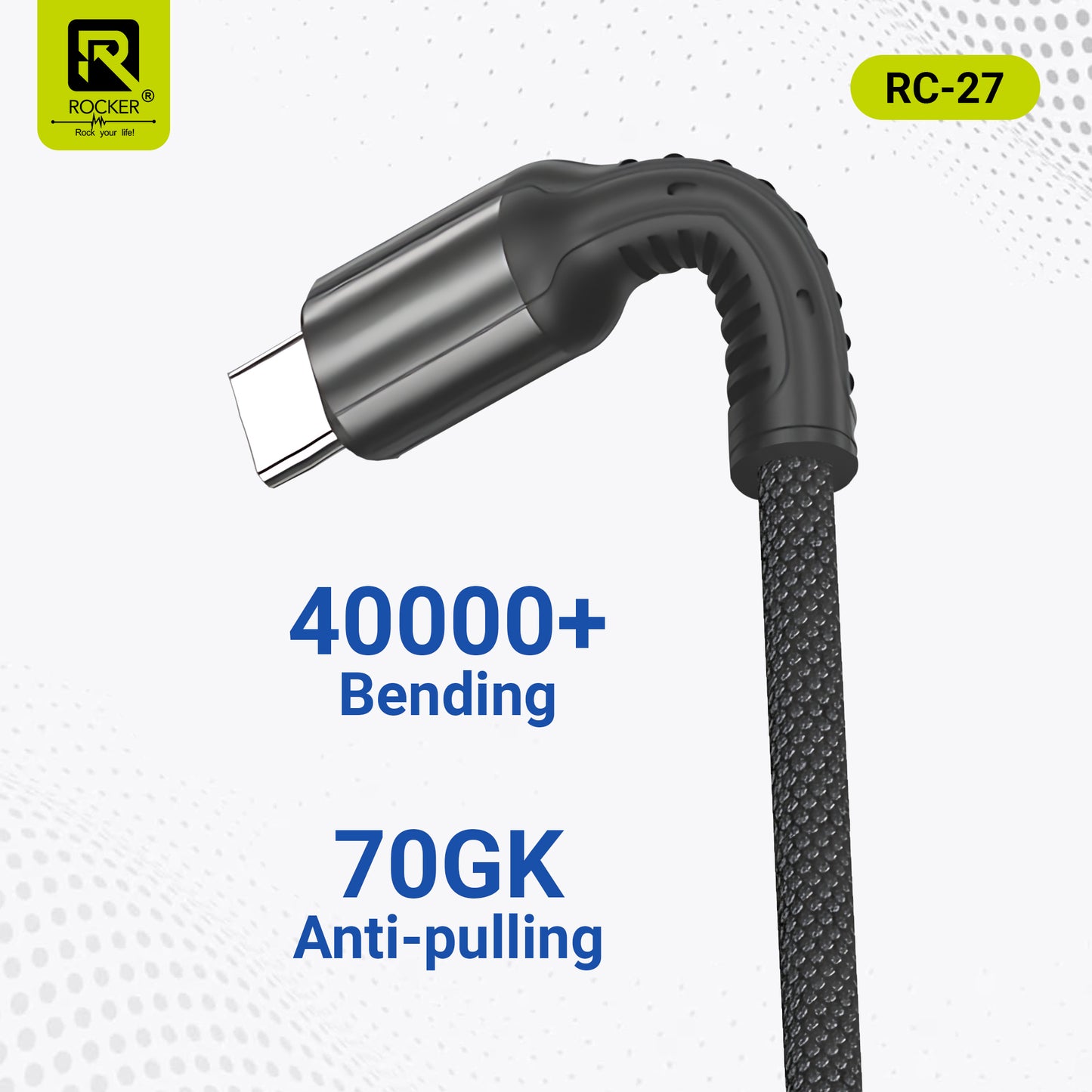 Rocker RC-27 Fast Charging Data Cable – 67W Type-C | 3.4A Micro USB | 27W Lightning – 1m Durable Cable for Smartphones, Tablets & More