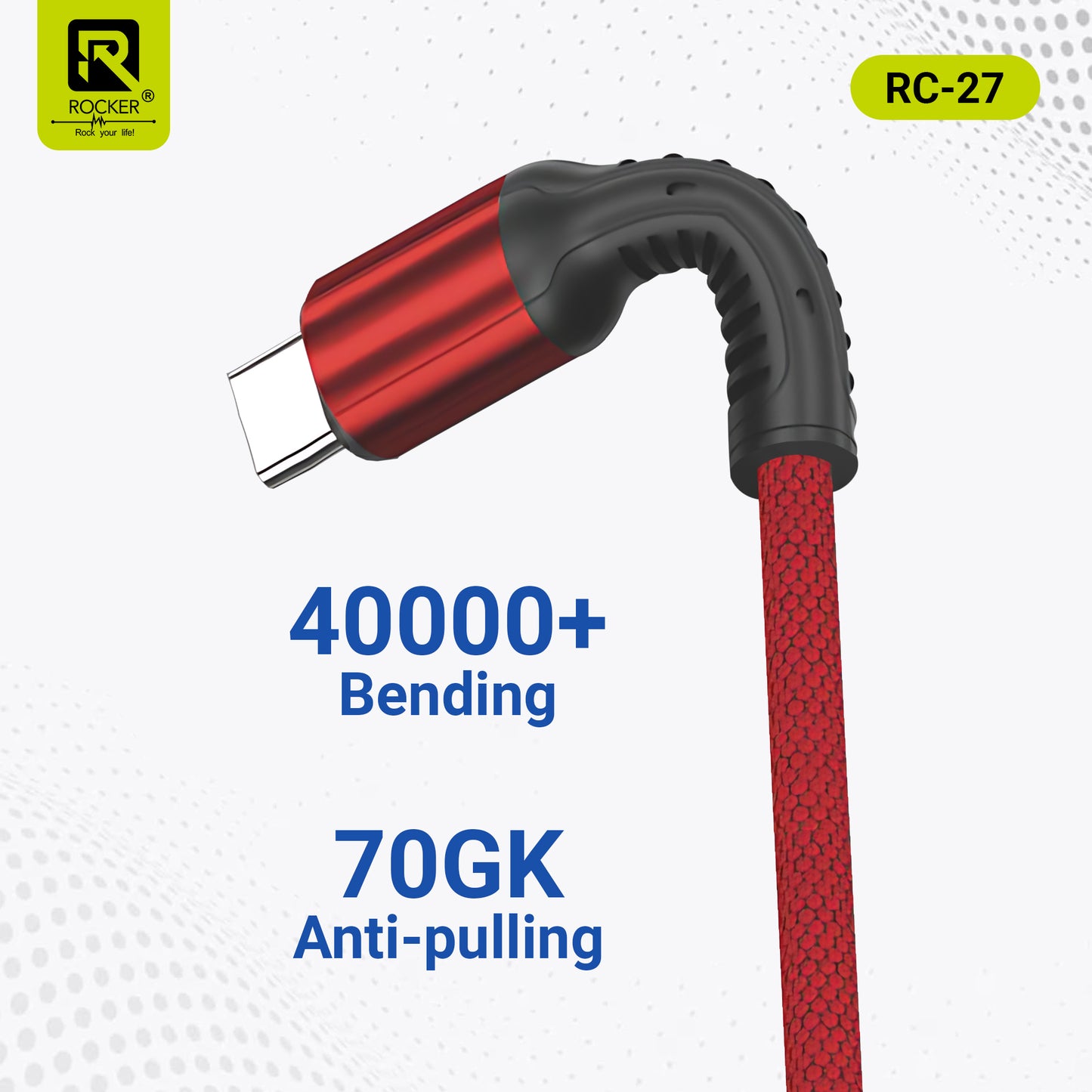 Rocker RC-27 Fast Charging Data Cable – 67W Type-C | 3.4A Micro USB | 27W Lightning – 1m Durable Cable for Smartphones, Tablets & More