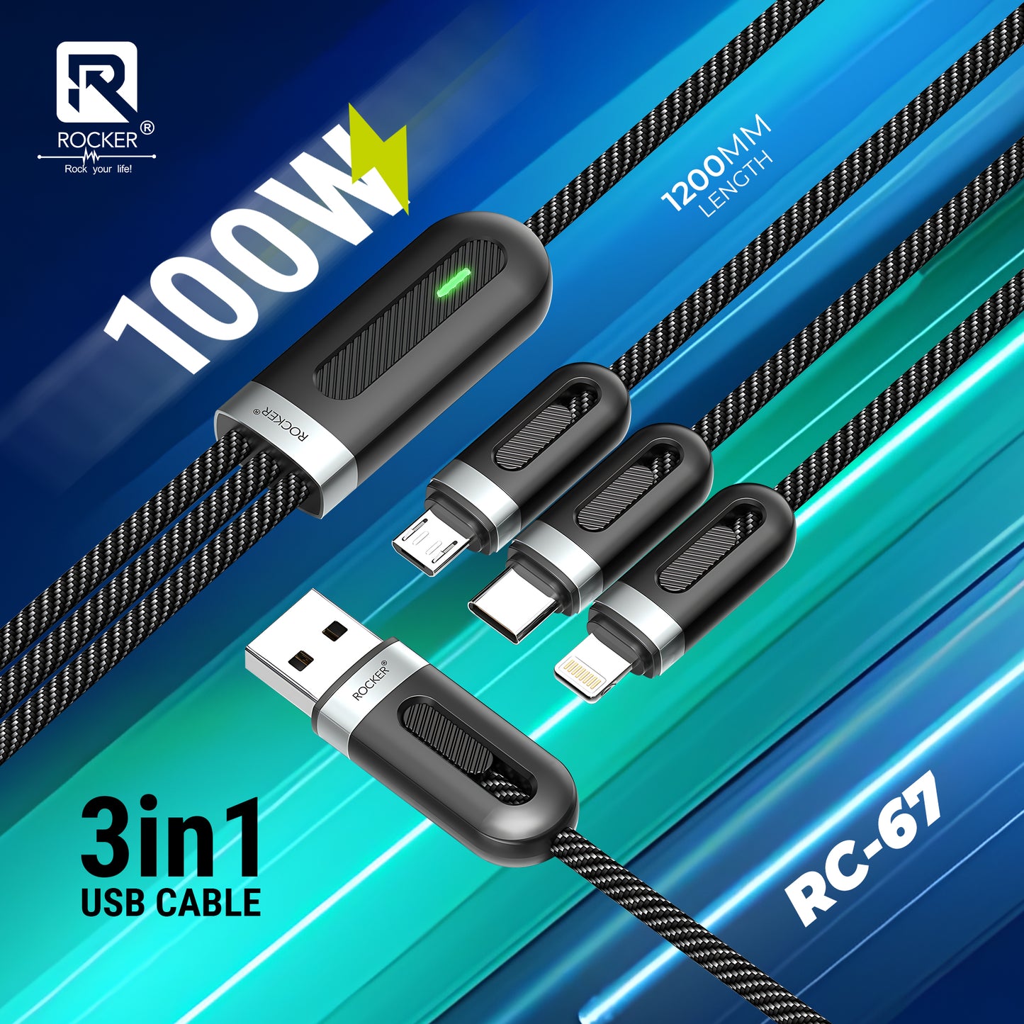 Rocker RC-67 3-in-1 Fast Charging Cable | 100W Multi-Port (Lightning, Type-C, Micro USB)