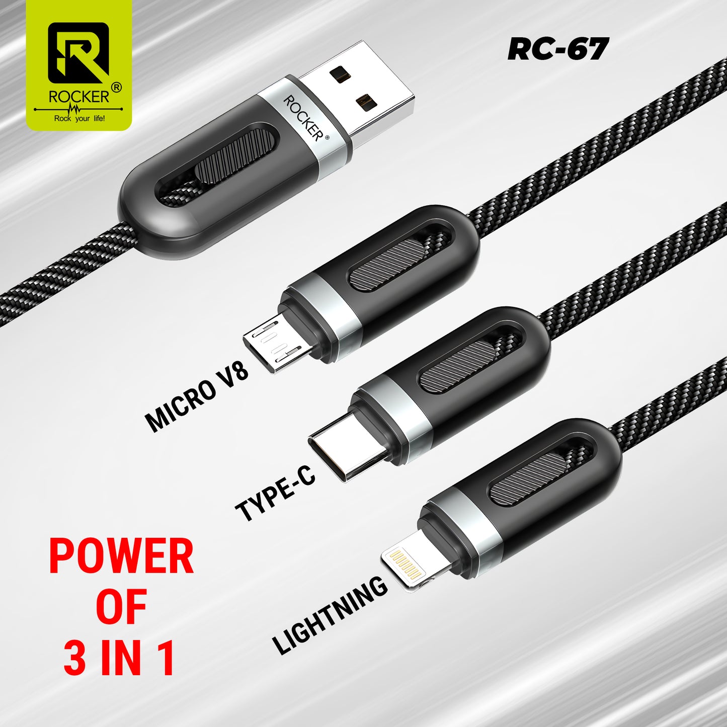 Rocker RC-67 3-in-1 Fast Charging Cable | 100W Multi-Port (Lightning, Type-C, Micro USB)