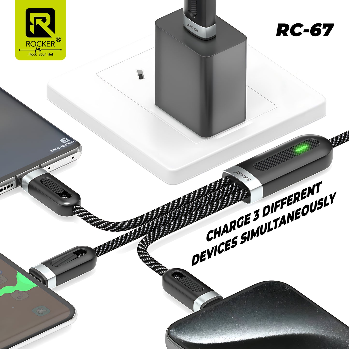 Rocker RC-67 3-in-1 Fast Charging Cable | 100W Multi-Port (Lightning, Type-C, Micro USB)