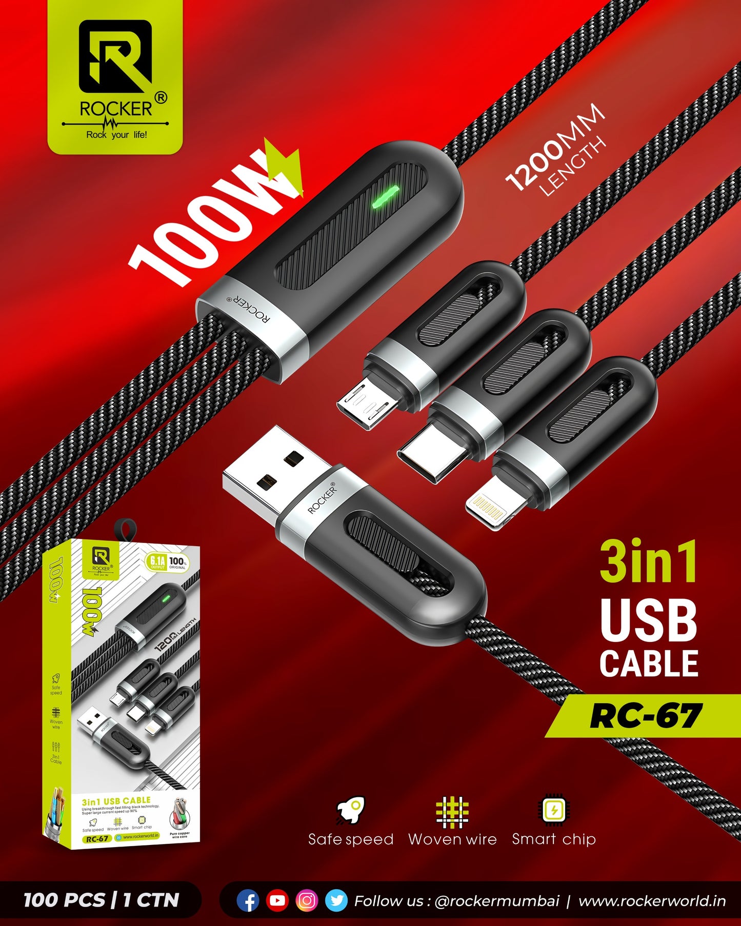 Rocker RC-67 3-in-1 Fast Charging Cable | 100W Multi-Port (Lightning, Type-C, Micro USB)