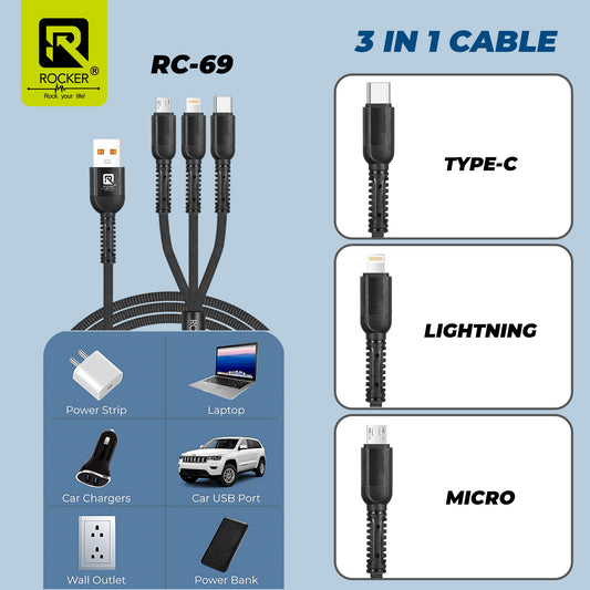 ROCKER RC-69 3-in-1 Fast Charging Cable | 2.8A High-Speed Charger | USB Type-C, Lightning &amp; Micro USB | Durable Braided Cable with LED Indicator | Universal Compatibility for iPhone, Android &amp; More