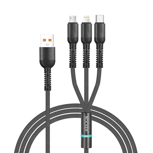 ROCKER RC-69 3-in-1 Fast Charging Cable | 2.8A High-Speed Charger | USB Type-C, Lightning &amp; Micro USB | Durable Braided Cable with LED Indicator | Universal Compatibility for iPhone, Android &amp; More