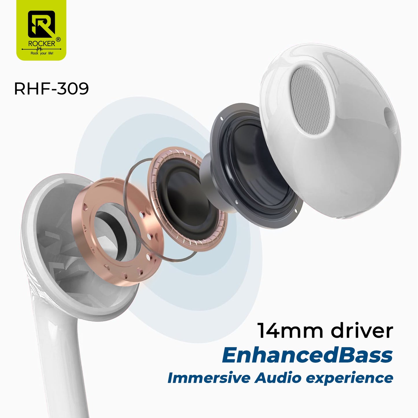Rocker RHF-309 Wired Earphones with Mic – Deep Bass, Clear Sound, Comfortable Fit, 3.5mm Jack