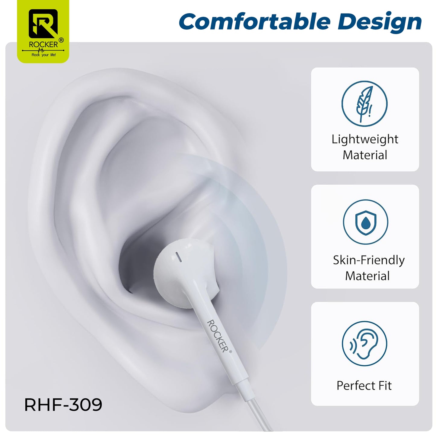 Rocker RHF-309 Wired Earphones with Mic – Deep Bass, Clear Sound, Comfortable Fit, 3.5mm Jack