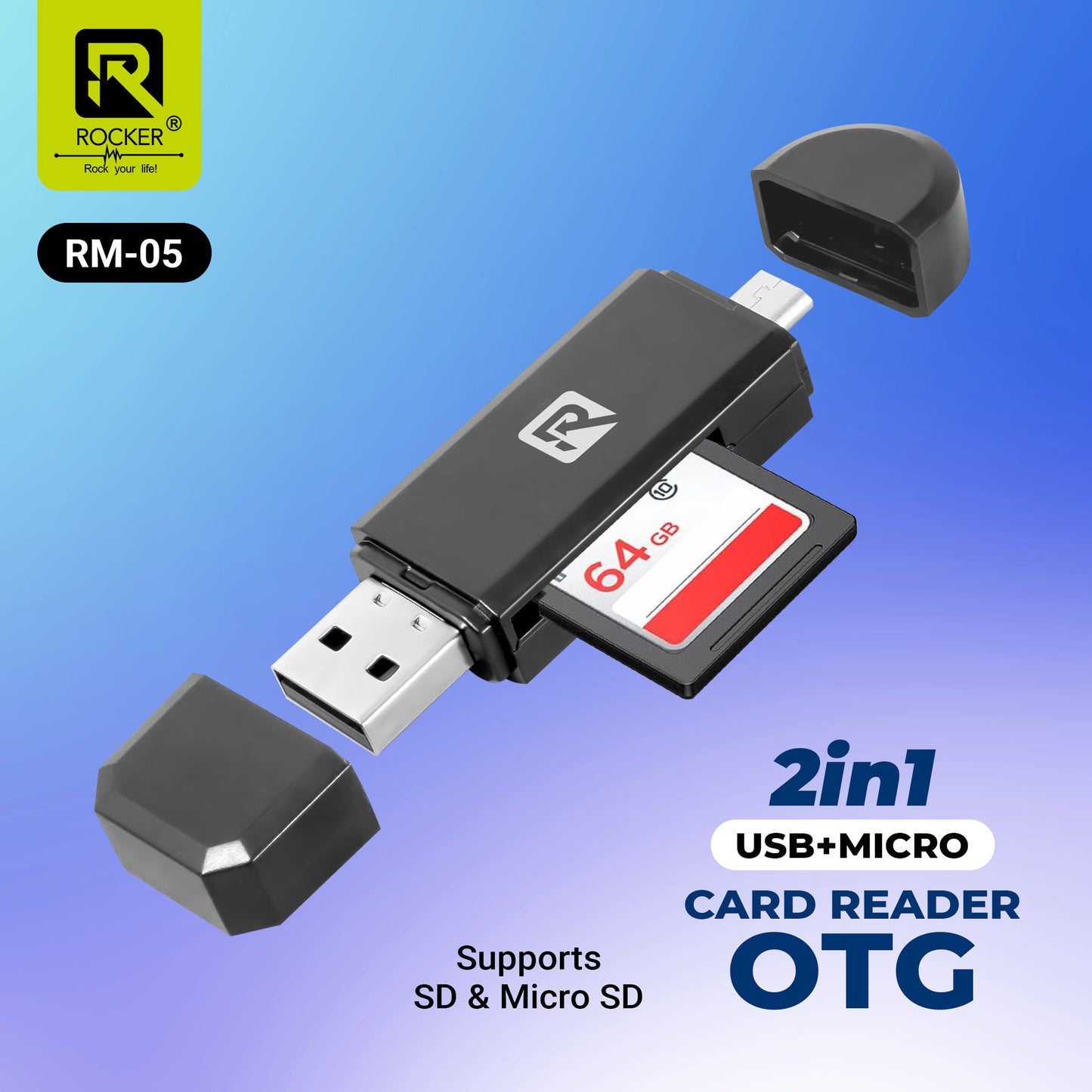 ROCKER RM-05 USB 3.0 & Type-C/Micro-USB  Multi-Card Reader | High-Speed OTG Memory Card Adapter for SD & Micro SD | Plug & Play | Compatible with Laptops, Smartphones & Tablets