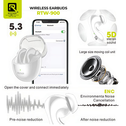 Rocker RTW-900 ENC Noise Cancelling Wireless Earbuds with Mic, HiFi Stereo Sound, Bluetooth 5.3, Long Battery Life