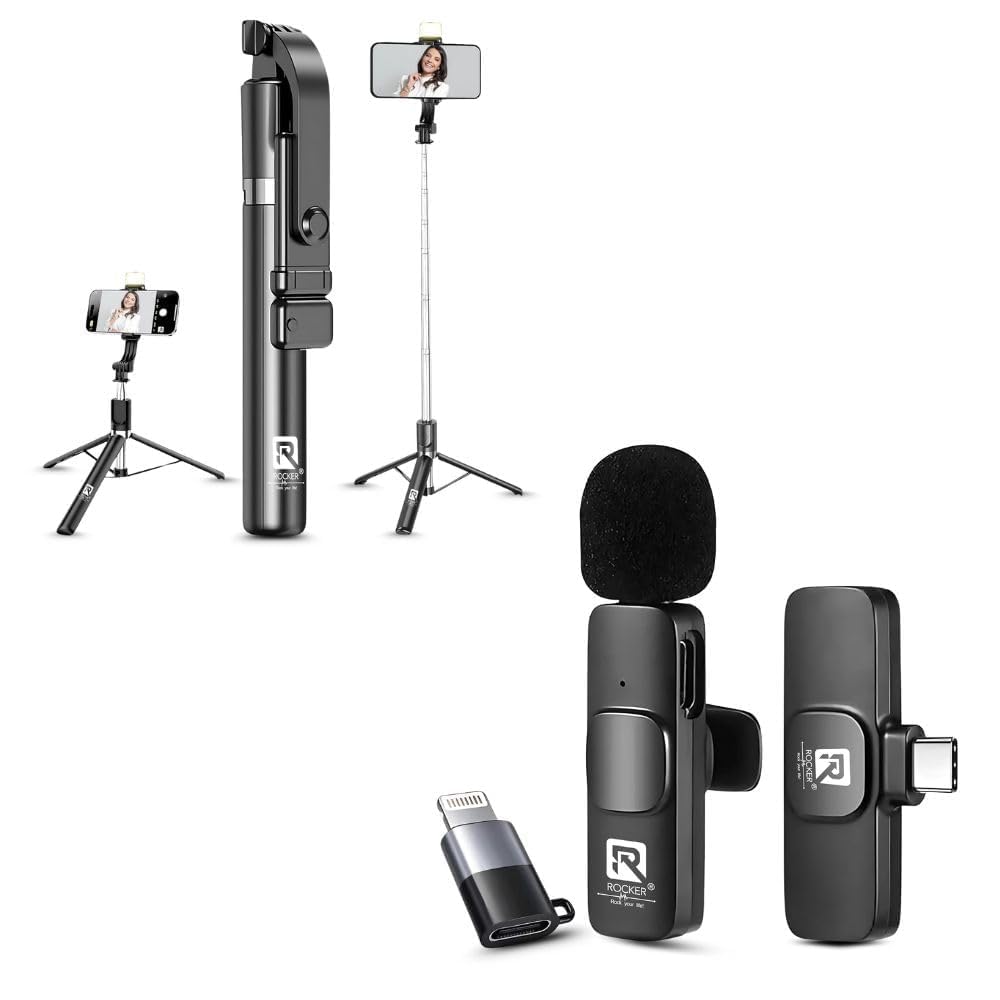 Rocker Creator Kit Combo – R8 Wireless Mic + R-S17 Selfie Stick Tripod | iPhone, Android, YouTube, Reels & Vlogging Setup