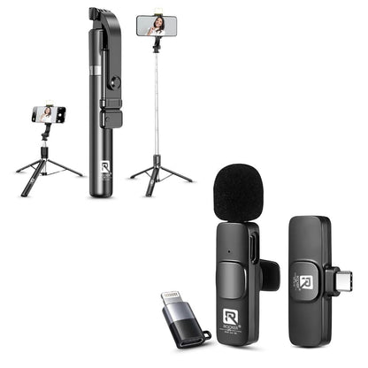 Rocker Creator Kit Combo – R8 Wireless Mic + R-S17 Selfie Stick Tripod | iPhone, Android, YouTube, Reels & Vlogging Setup