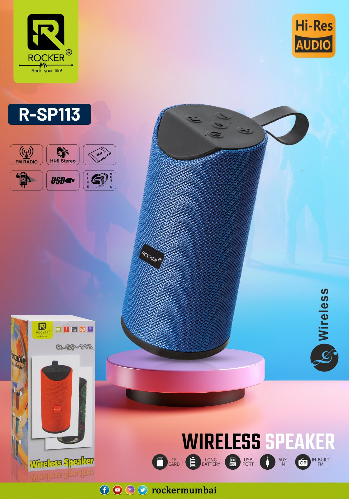 Rocker RSP-113 Portable Wireless Speaker with TF Card, FM Radio, Micro USB Charging – Premium Sound & On-the-Go Music