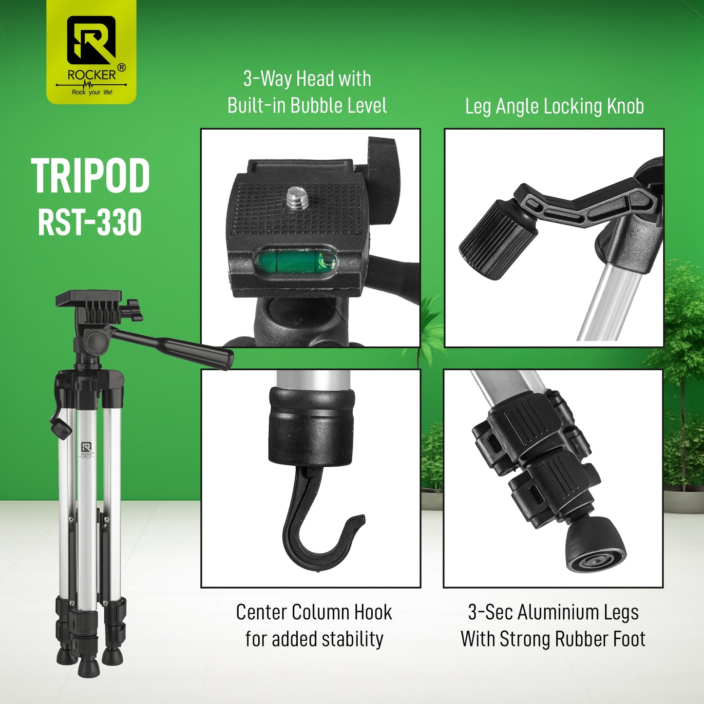 ROCKER RST-330 55-Inch Aluminium Tripod – Lightweight, Multi-Angle Video & Photo Stand with Carry Bag