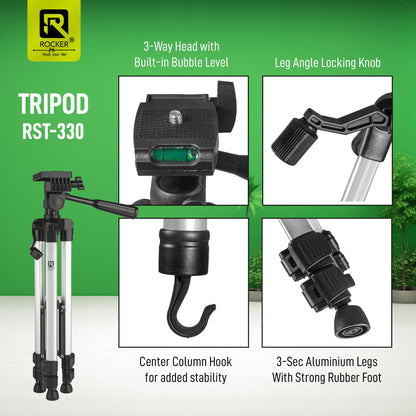ROCKER RST-330 55-Inch Aluminium Tripod – Lightweight, Multi-Angle Video & Photo Stand with Carry Bag