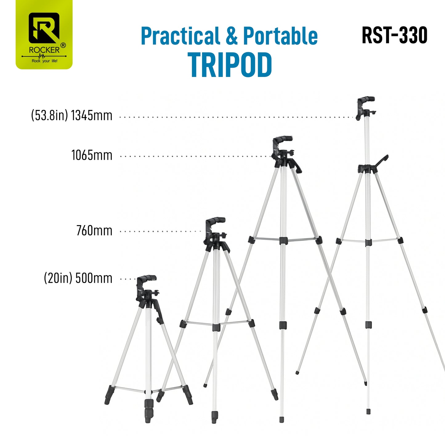 ROCKER RST-330 55-Inch Aluminium Tripod – Lightweight, Multi-Angle Video & Photo Stand with Carry Bag