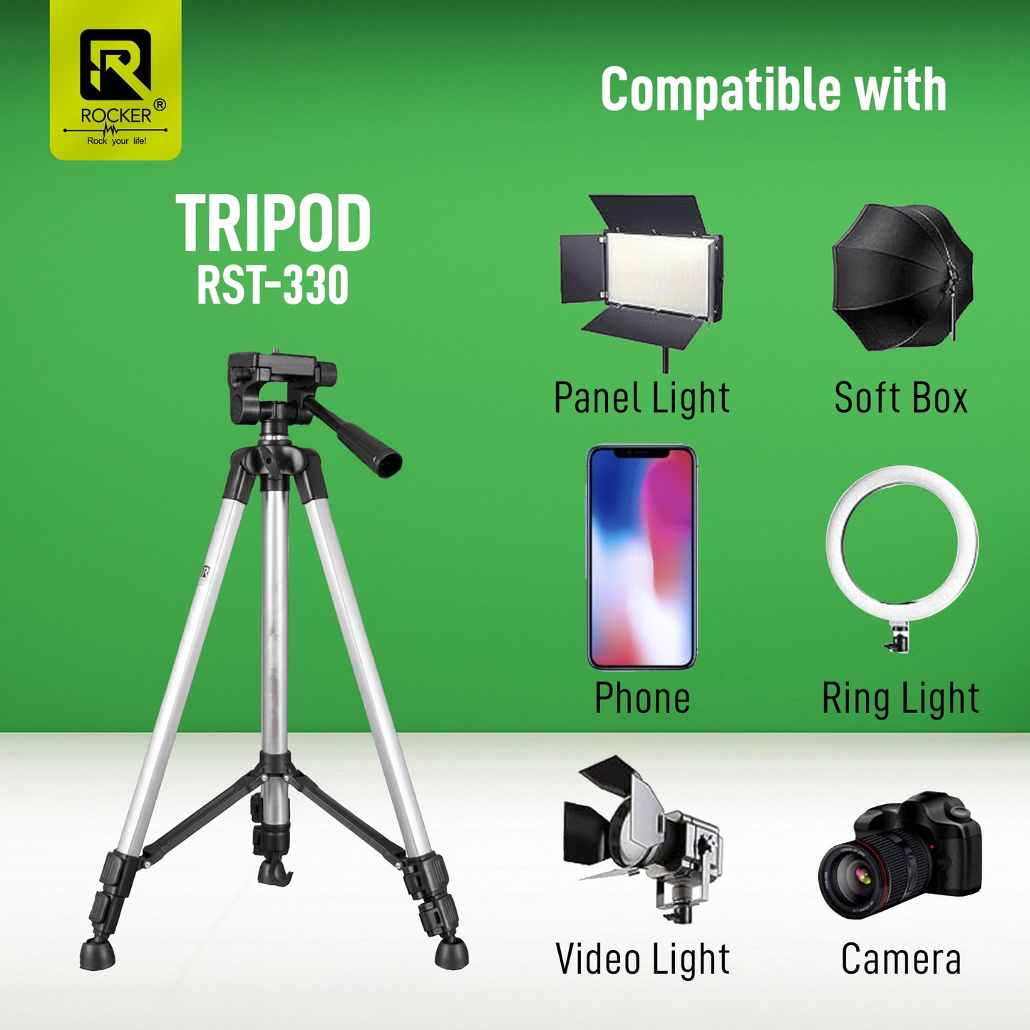 ROCKER RST-330 55-Inch Aluminium Tripod – Lightweight, Multi-Angle Video & Photo Stand with Carry Bag