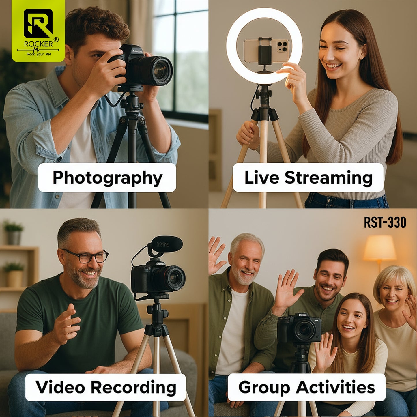 ROCKER RST-330 55-Inch Aluminium Tripod – Lightweight, Multi-Angle Video & Photo Stand with Carry Bag
