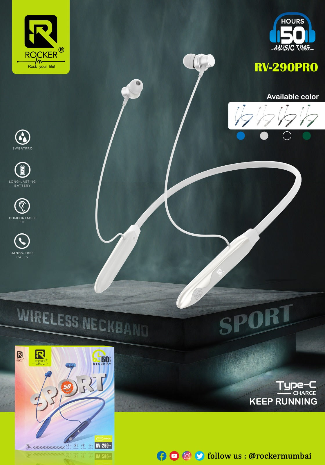 RV290 Sports Wireless Neckband | 50 Hours Playtime, Deep Bass, Fast Charging, Magnetic Buds, Voice Assist & IPX5 Waterproof