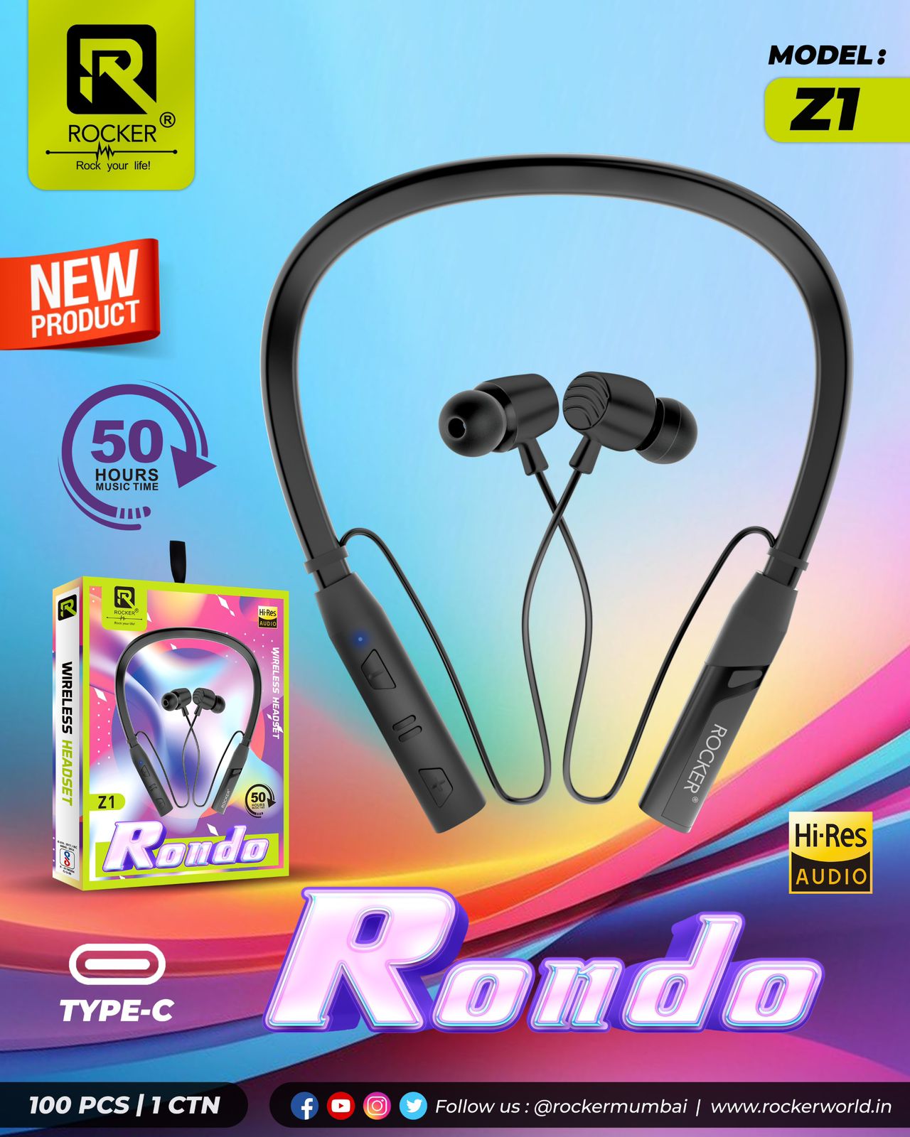 Rocker Z1 50H Wireless Headphone Neckband with Mic, Punchy Bass, 10mm Drivers, Clear Calls, Dual Pairing, Fast Charging, Magnetic Buds, Voice Assist & IPX4 Waterproof