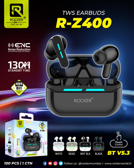 Rocker R-Z400 ENC AirPods - HiFi Sound Noise Cancellation Wireless Earbuds for Sports Bluetooth V5.3 IPX4 Waterproof Long Battery Life