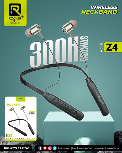 Rocker Z4 300H Wireless Headphone Neckband with Mic, Standby Punchy Bass, 10mm Drivers, Clear Calls, Dual Pairing, Fast Charging, Magnetic Buds, Voice Assist & IPX5 Waterproof