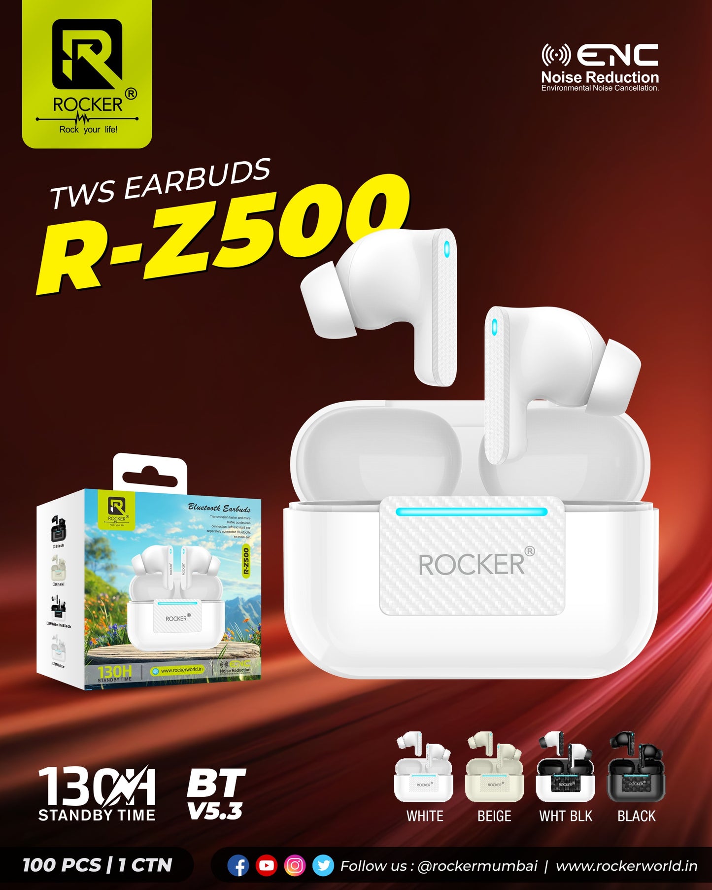 Rocker R-Z500 ENC Earbuds - 130H Standby, Noise Cancellation, Wireless V5.3, IPX4 Waterproof, Spatial Sound, Touch Controls