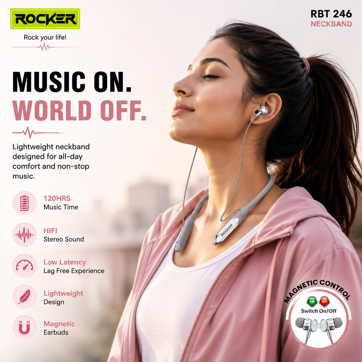 Rocker RBT 245 Bluetooth 5.4 Neckband | 120H Music Time