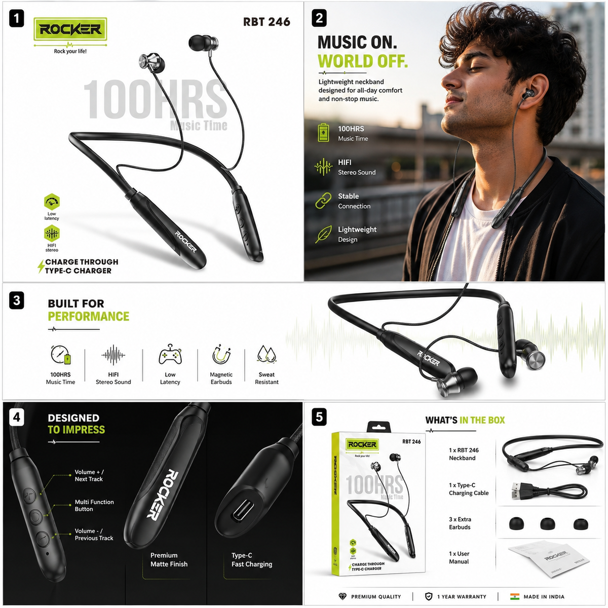 Rocker RBT 246 Bluetooth 5.3 Neckband | 100H Music Time