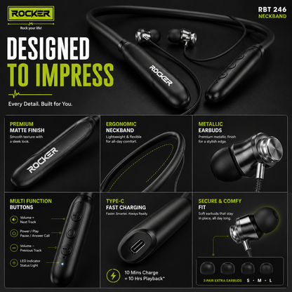 Rocker RBT 246 Bluetooth 5.3 Neckband | 100H Music Time