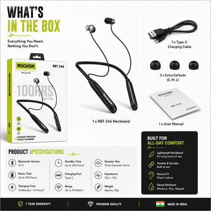 Rocker RBT 246 Bluetooth 5.3 Neckband | 100H Music Time