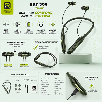 Rocker RBT 295 Bluetooth Neckband | ENC | 30H Playtime
