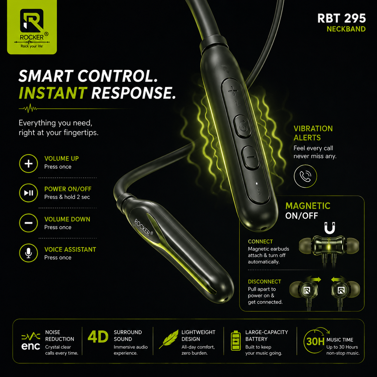 Rocker RBT 295 Bluetooth Neckband | ENC | 30H Playtime