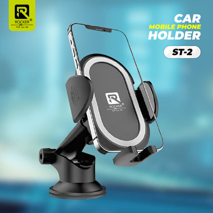 Rocker ST-2 Car Mobile Holder Stand | 360° Rotation, Strong Suction, Shockproof & Single-Hand Operation