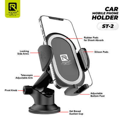 Rocker ST-2 Car Mobile Holder Stand | 360° Rotation, Strong Suction, Shockproof & Single-Hand Operation